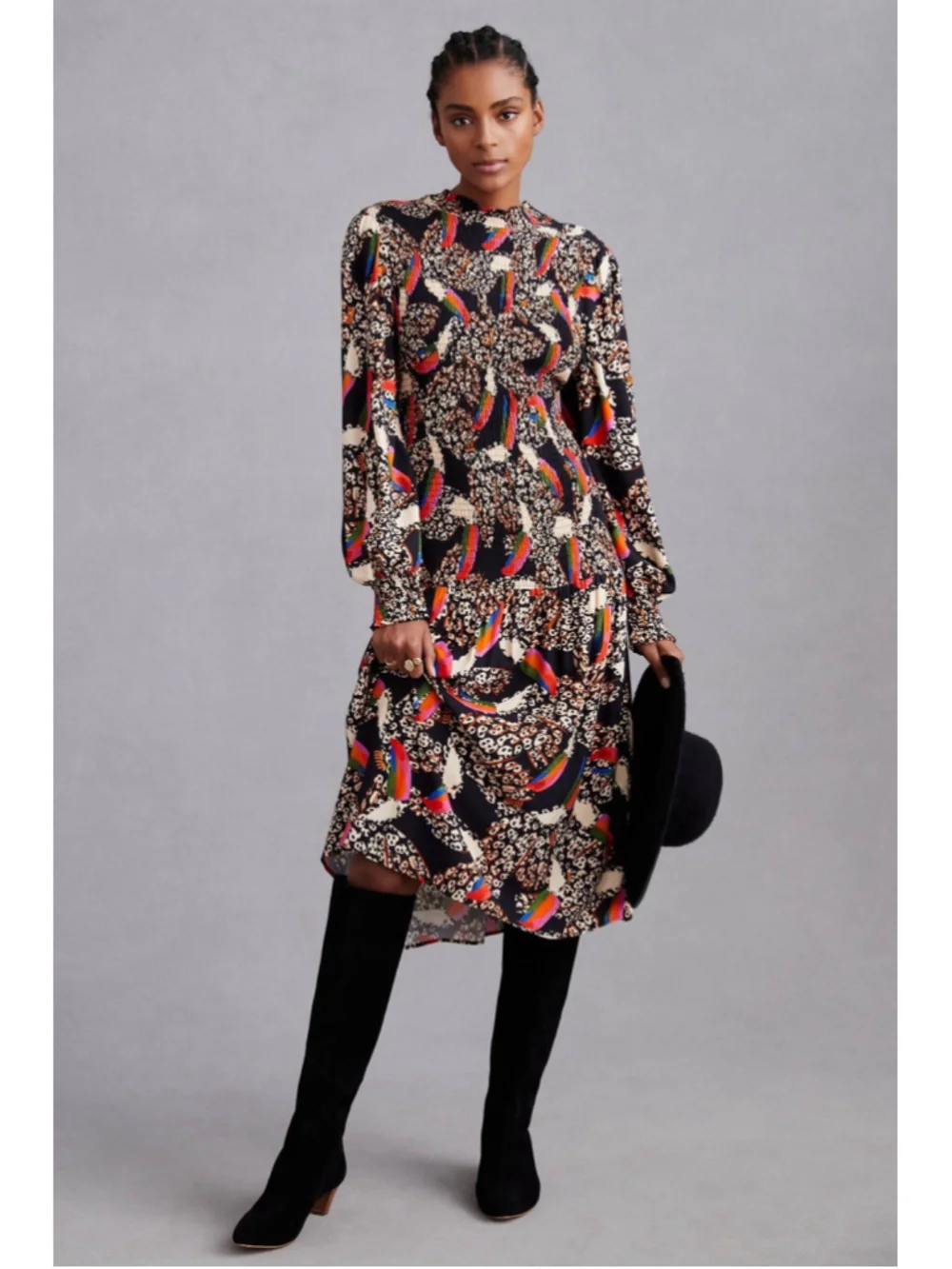 FARM Rio Multicolor Animal Print Smocked Knee Dress L Balloon Sleeve High Neck